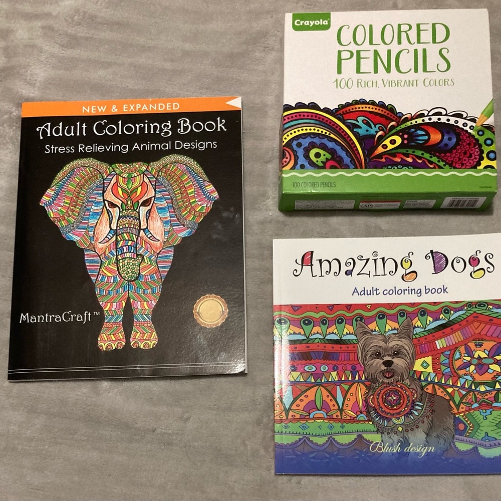 BRAND NEW Two Adult Coloring Books and One Box of 100 Ct Crayola Colored Pencils